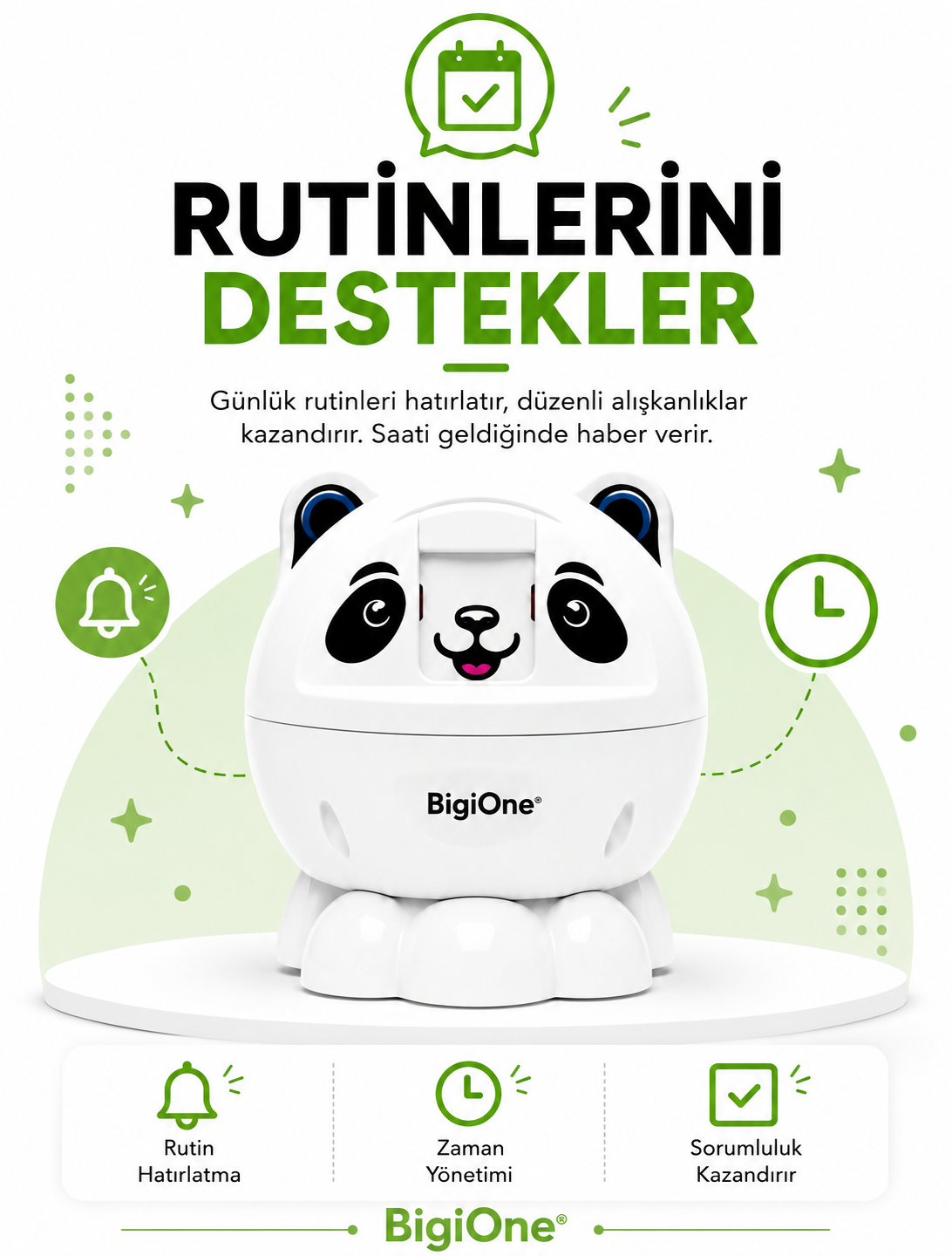 BigiOne yapay zeka destekli eğitici oyuncak çocukların günlük rutinlerini destekler, alışkanlık kazandırır ve zamanı yönetmelerine yardımcı olur.