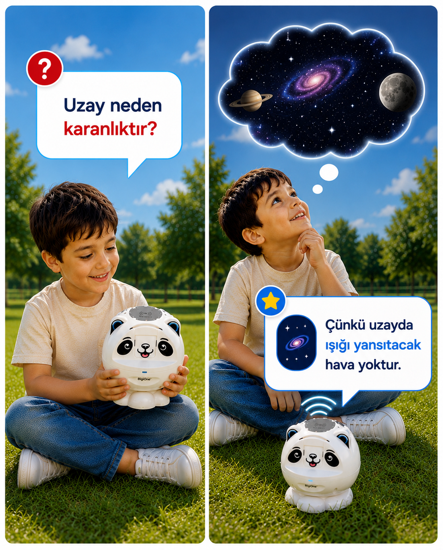 BigiOne sesli eğitici oyuncak ile uzayın neden karanlık olduğunu öğrenen çocuk, soru-cevap etkinliğiyle bilim keşfi yapıyor.